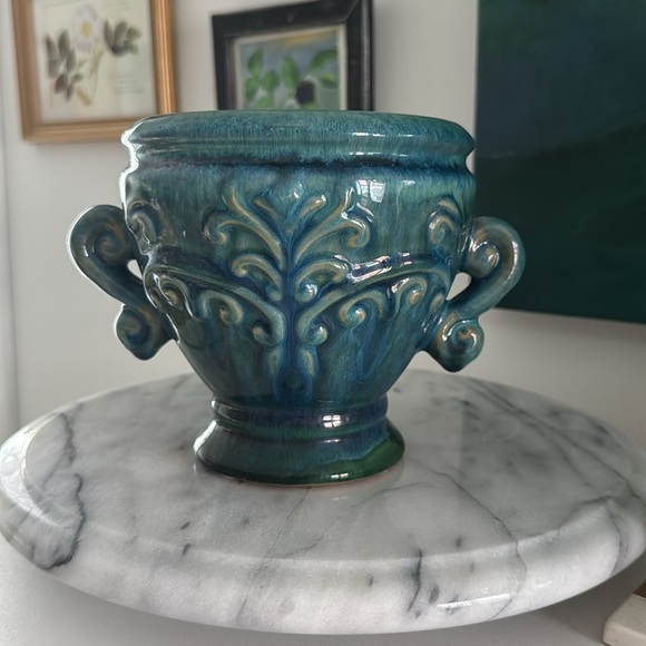 French Country Inspired Turquoise Ceramic Crock Planter - Picture 1 of 10